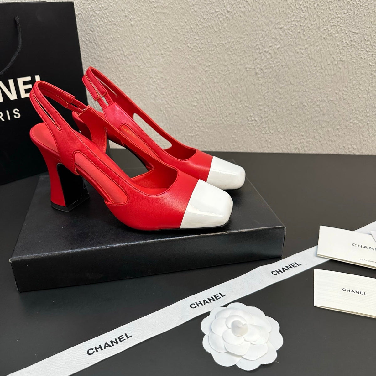 CC Slingback Block Heel White Red Leather 864114