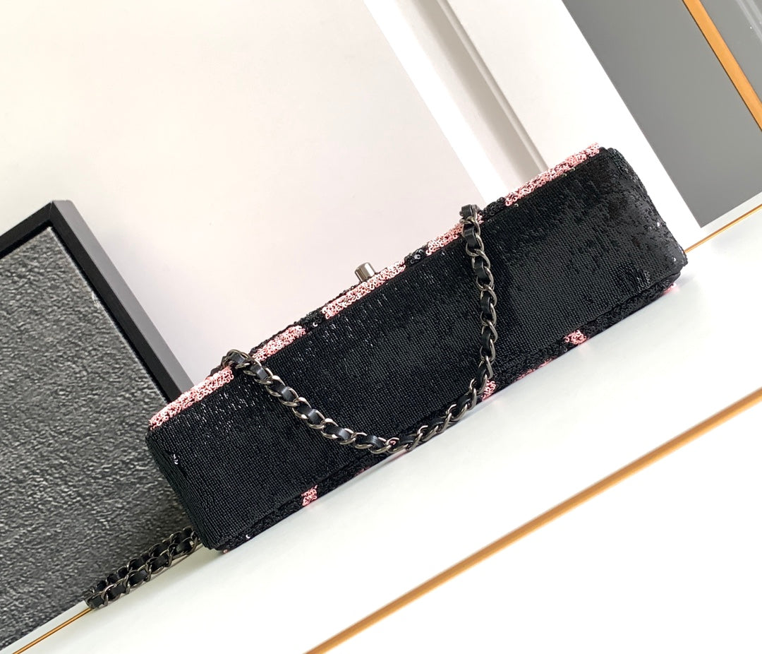 flap bag medium 25 black pink sequin silver hardware