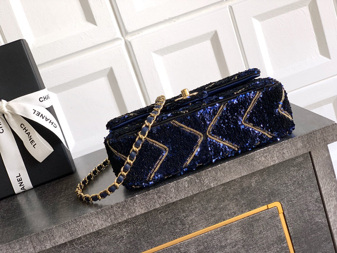 CC 26K Flap Bag 21cm Navy Blue Silk Sequin