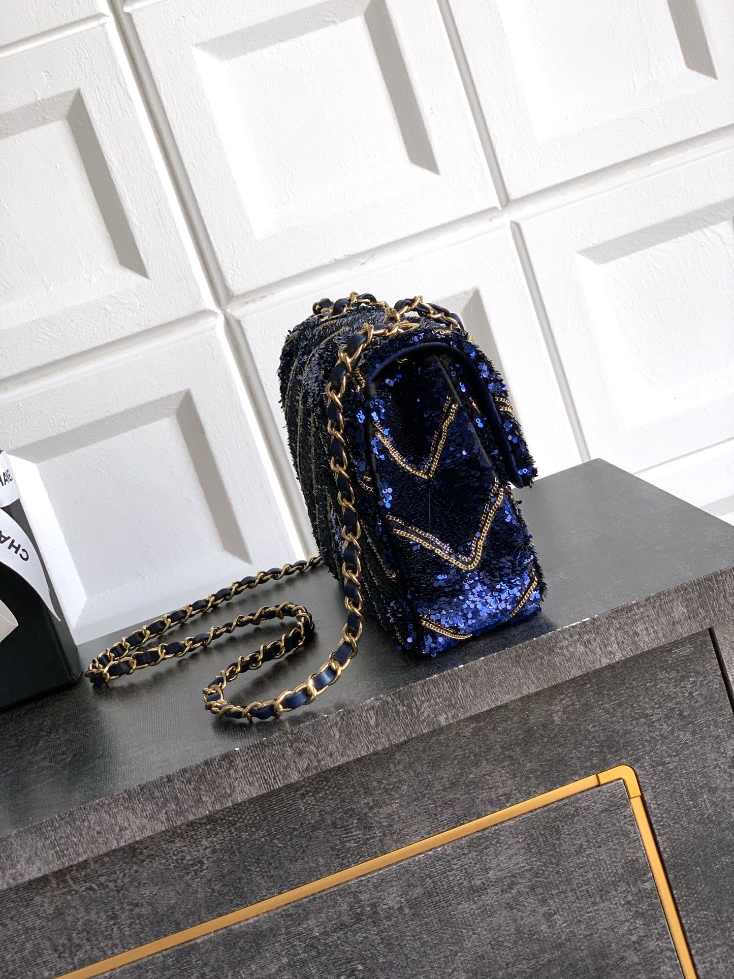 CC 26K Flap Bag 21cm Navy Blue Silk Sequin