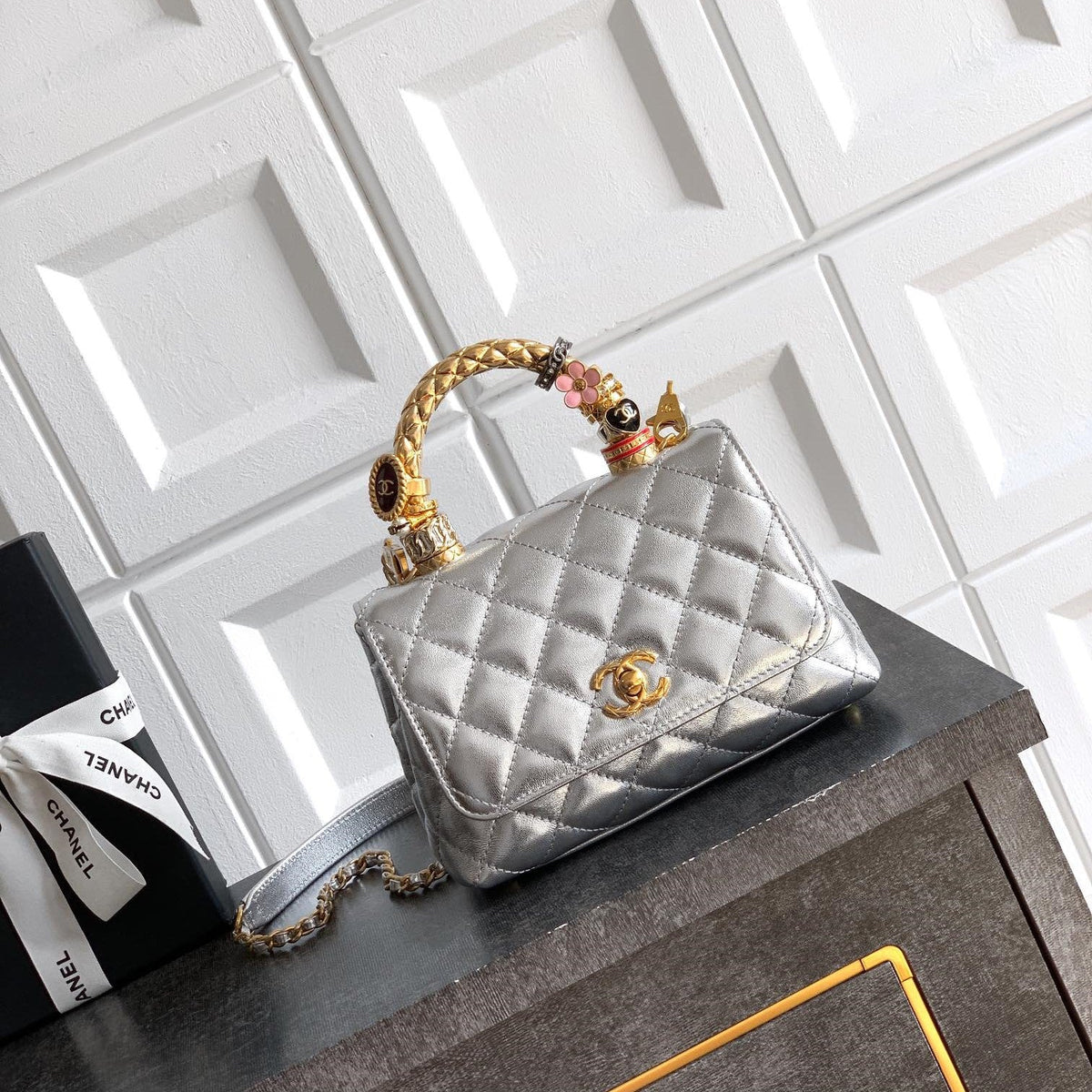 CC Coco Top Handle Bag 19cm Sliver Metalic Quited Leather