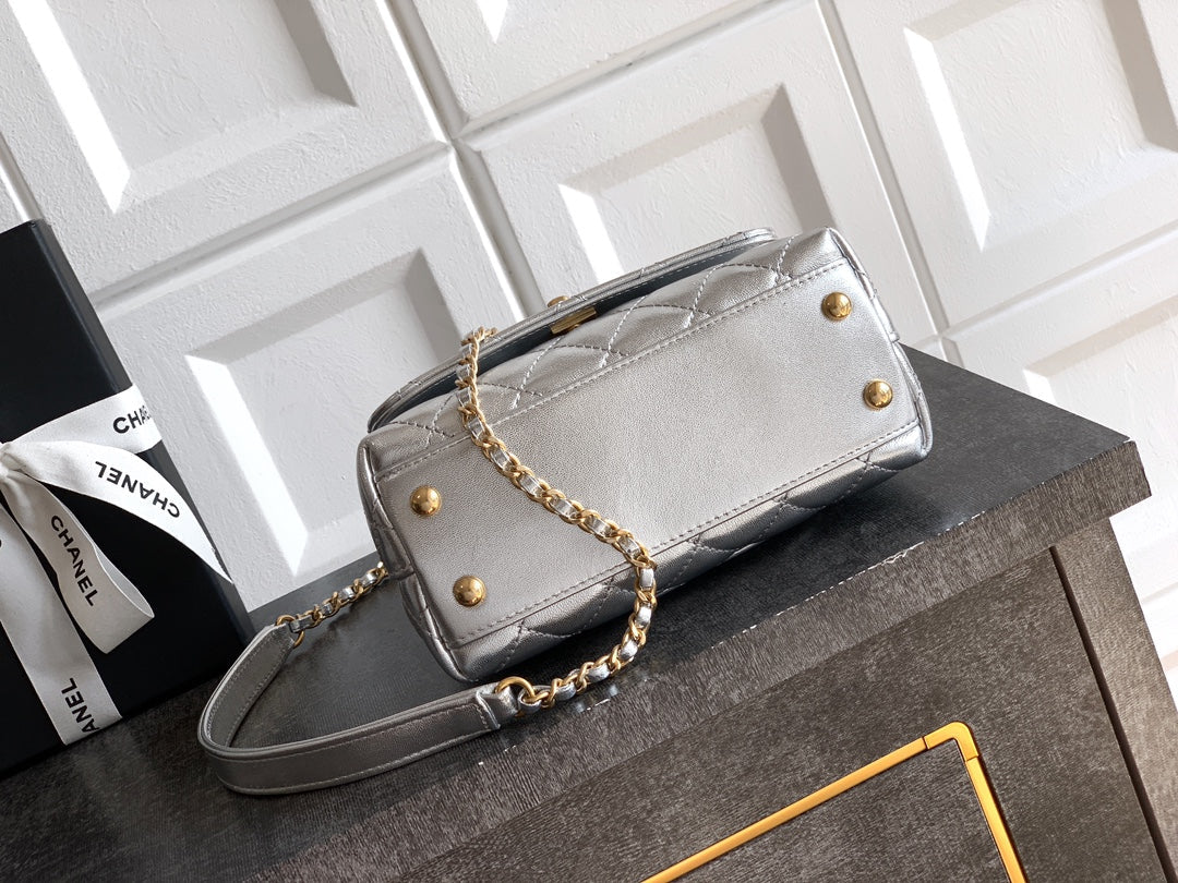CC Coco Top Handle Bag 19cm Sliver Metalic Quited Leather