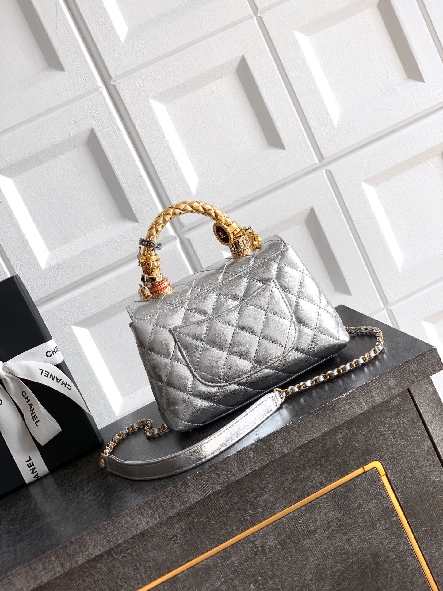 CC Coco Top Handle Bag 19cm Sliver Metalic Quited Leather