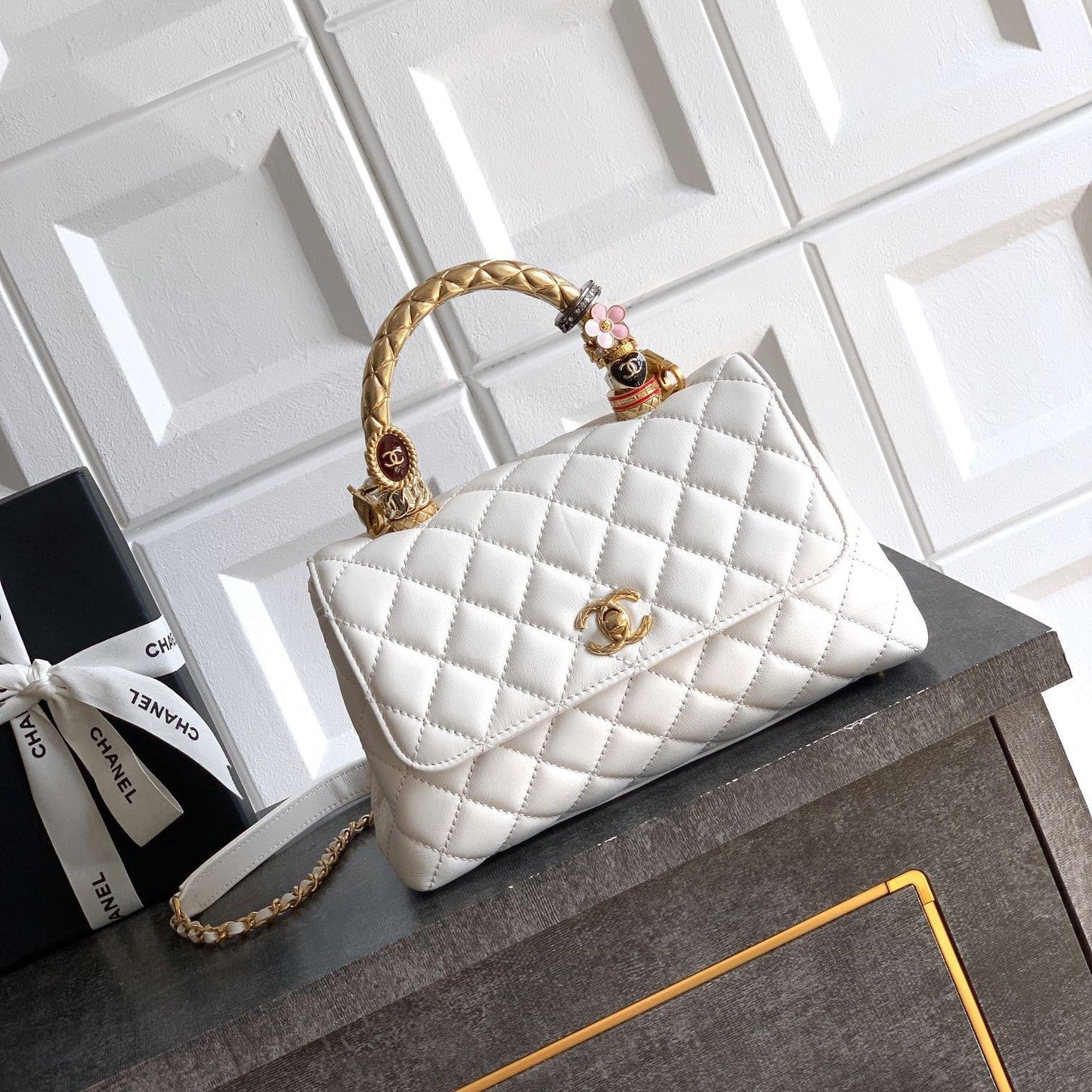 CC Coco Top Handle Bag 23cm White Quited Leather
