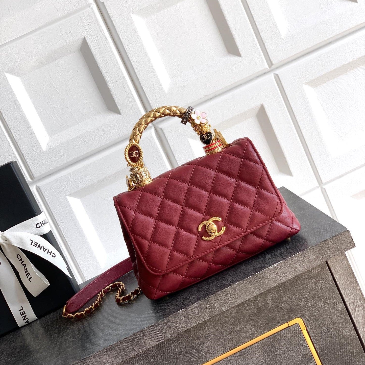 CC Coco Top Handle Bag 19cm Burgundy Quited Leather