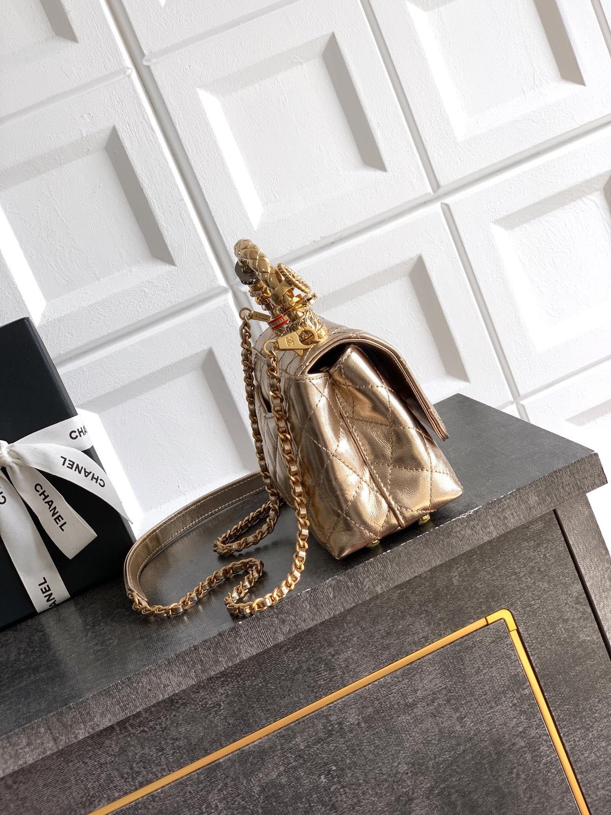 CC Coco Top Handle Bag 19cm Gold Metalic Quited Leather