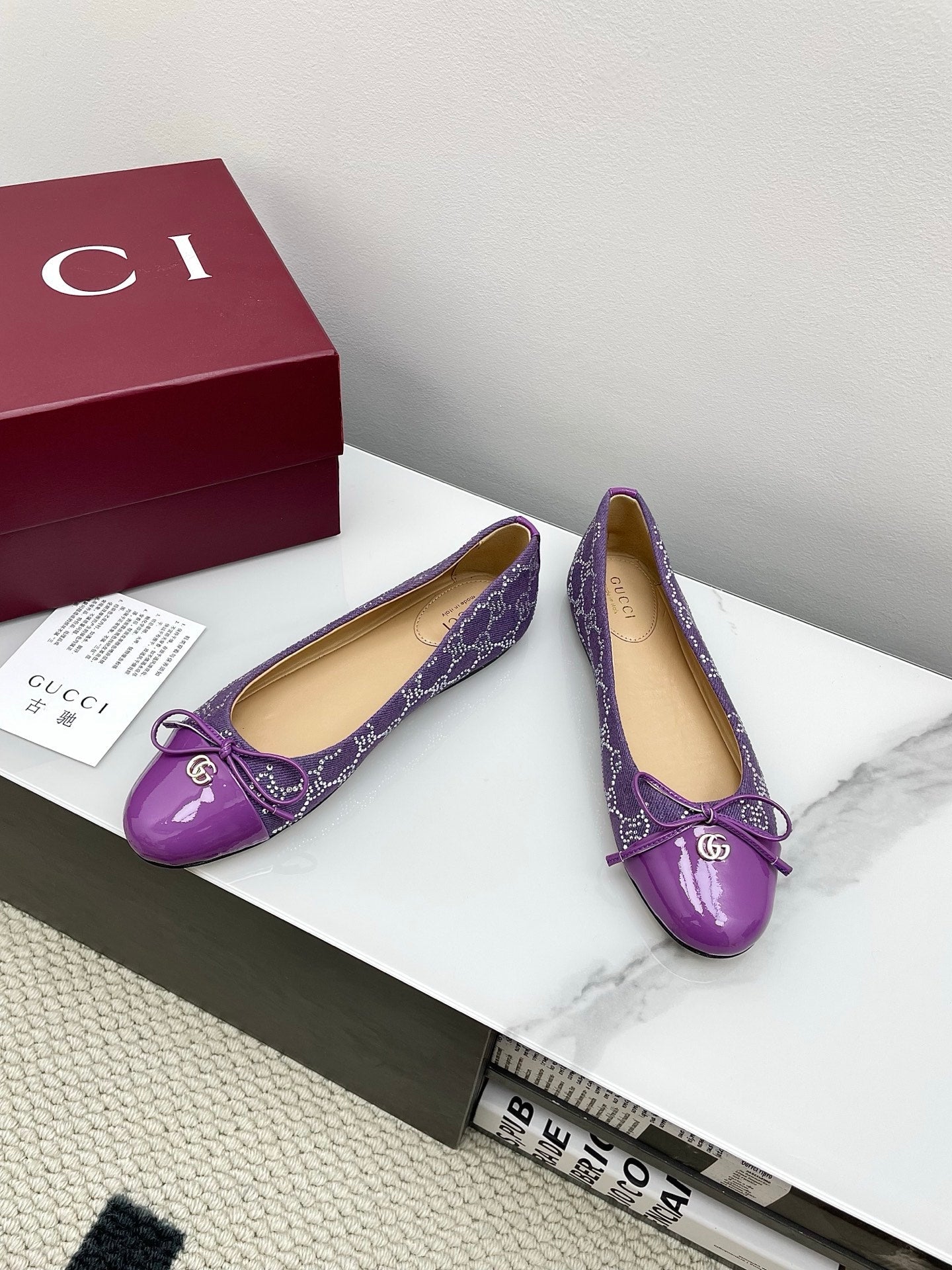 GG Women's Crystal Ballet Flat Purple Denim Patent Leather Trim 511493