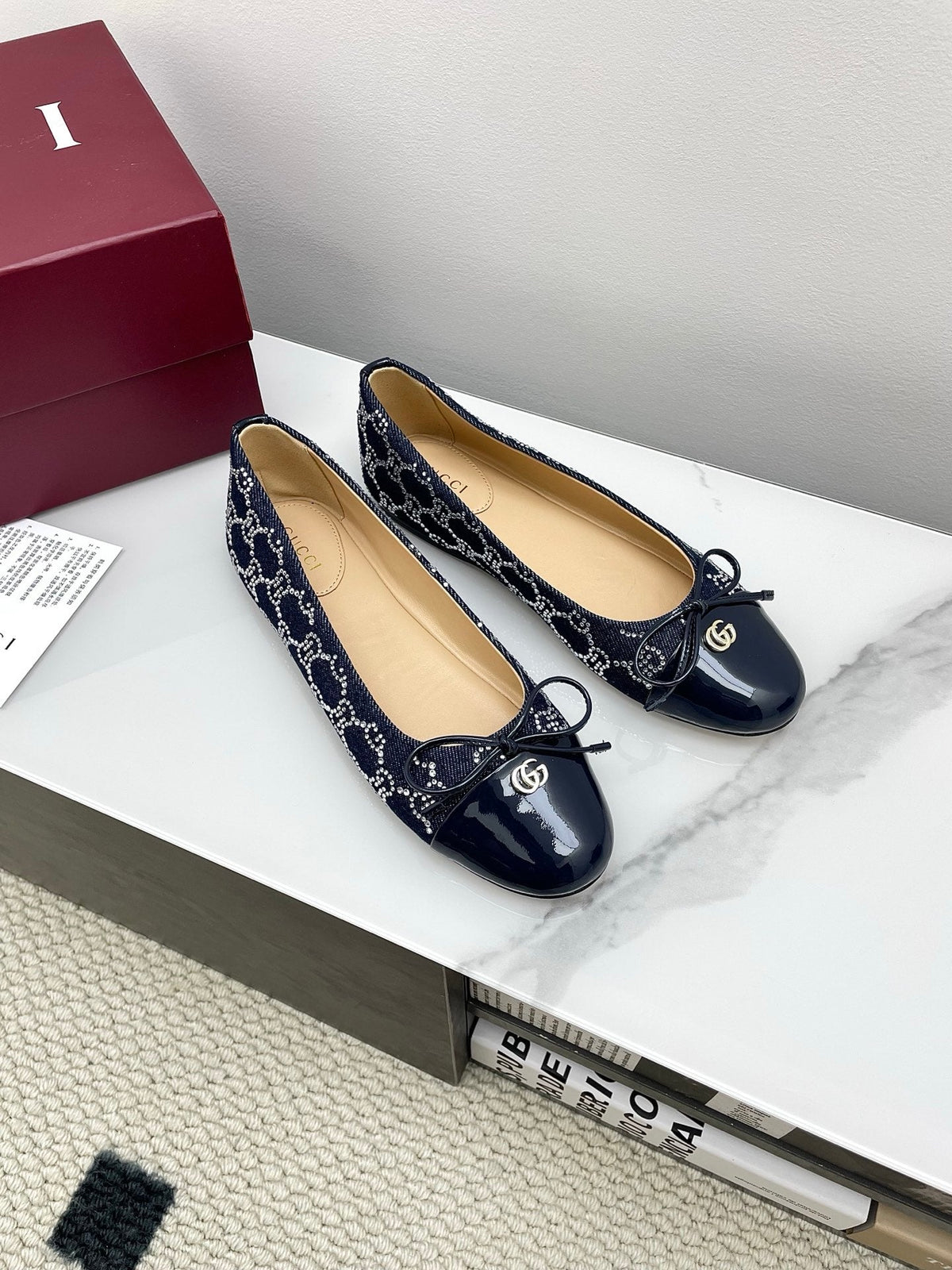 GG Women's Crystal Ballet Flat Dark Blue Denim Patent Leather Trim 511494
