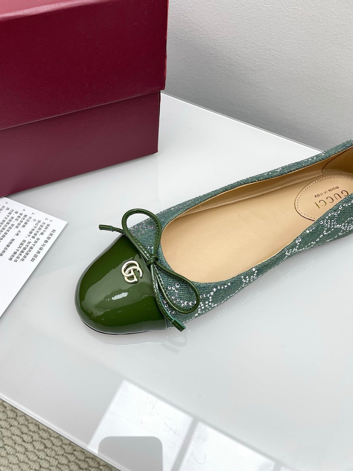 GG Women's Crystal Ballet Flat Dark Green Denim Patent Leather Trim 511495
