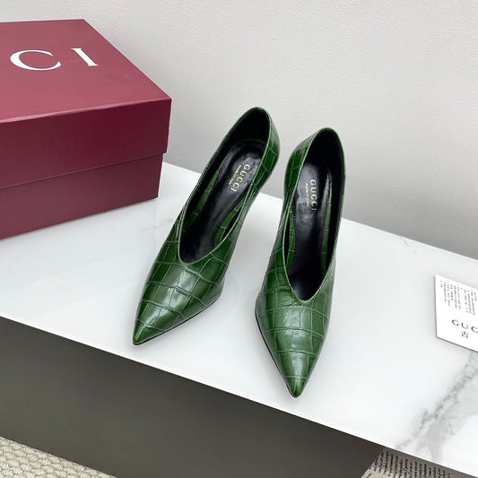 GG 25Ss Crocodile Pattern Pointed Toe High Heels Dark Green Leather 511498