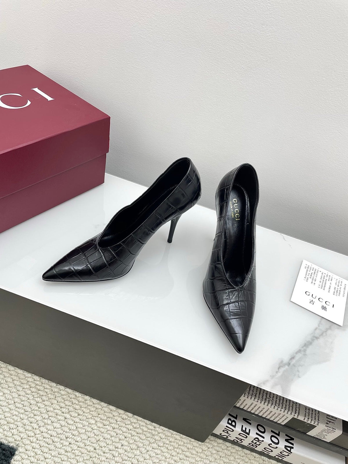 GG 25Ss Crocodile Pattern Pointed Toe High Heels Black Leather 511499