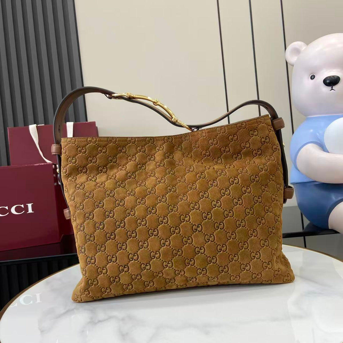 Gucci 25 Beatrix Handbag Brown Gold Suede