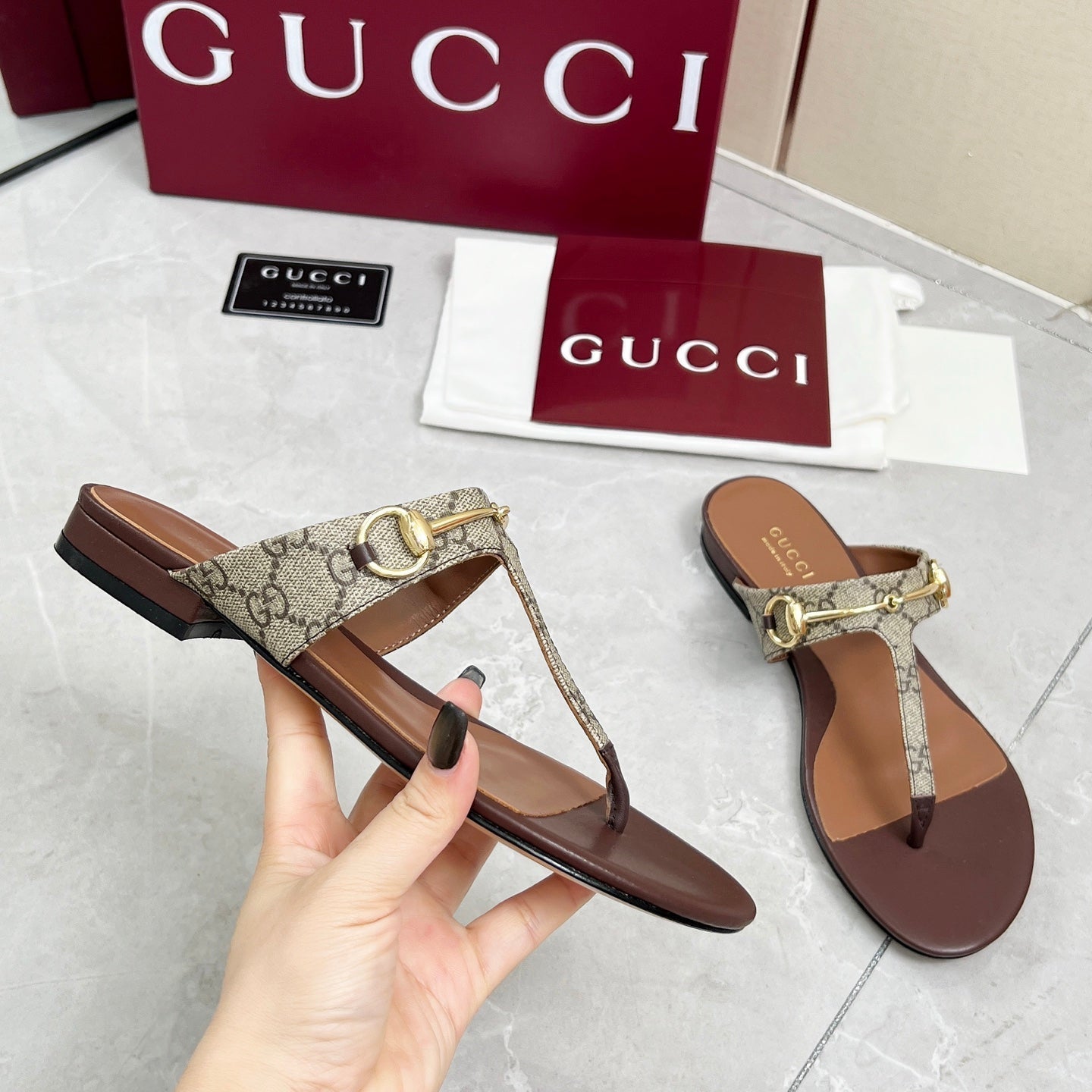 GC 25 Horsebit Thong Sandals Brown Canvas Leather 293854