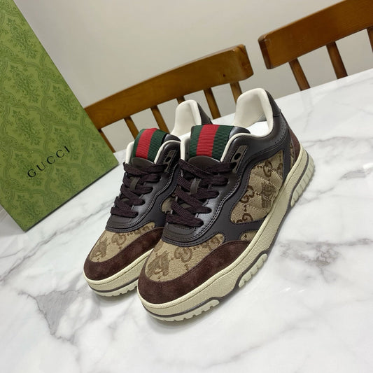 GG 26s Re-Web Trainer Sneakers In Brown Calfskin And Beige Canvas