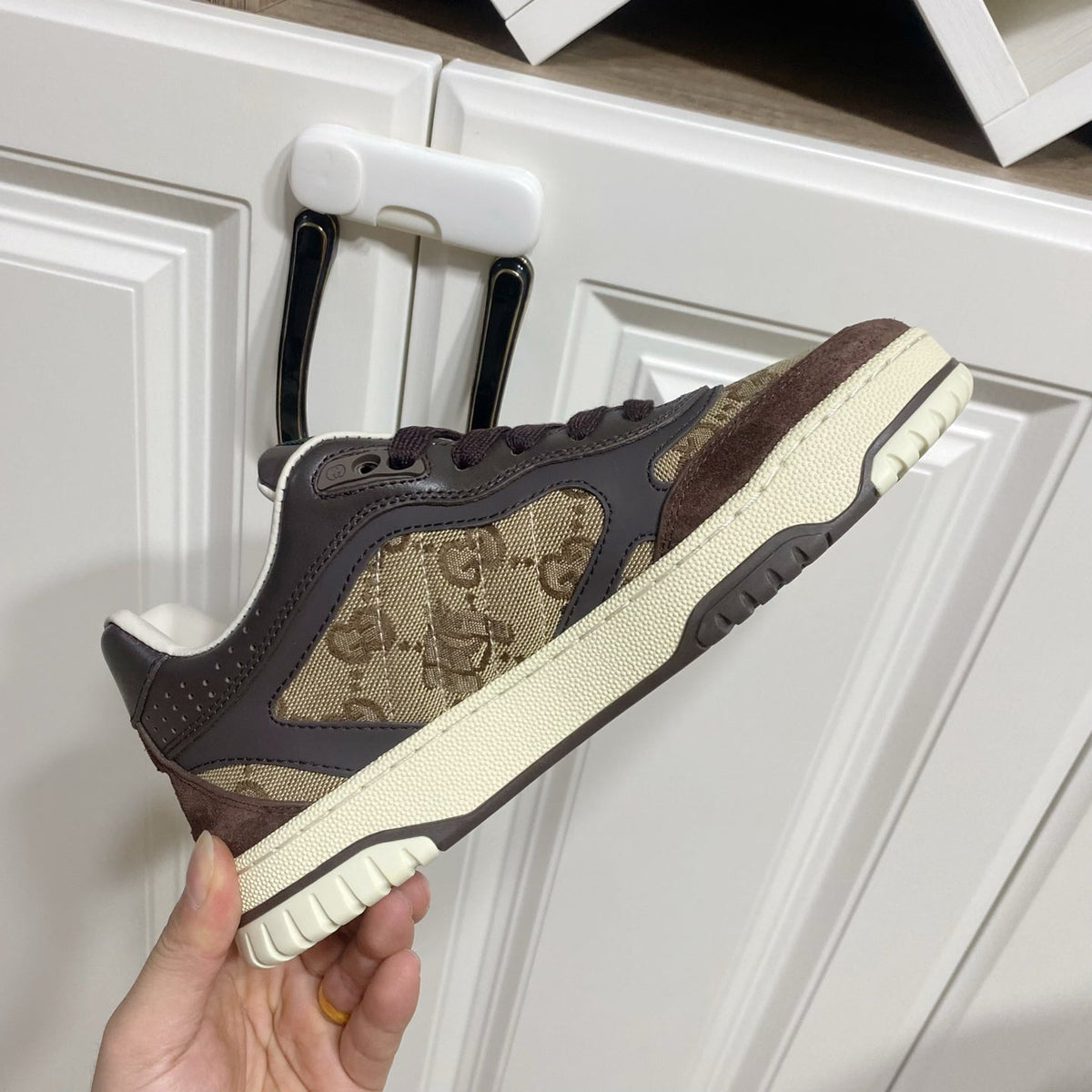GG 26s Re-Web Trainer Sneakers In Brown Calfskin And Beige Canvas