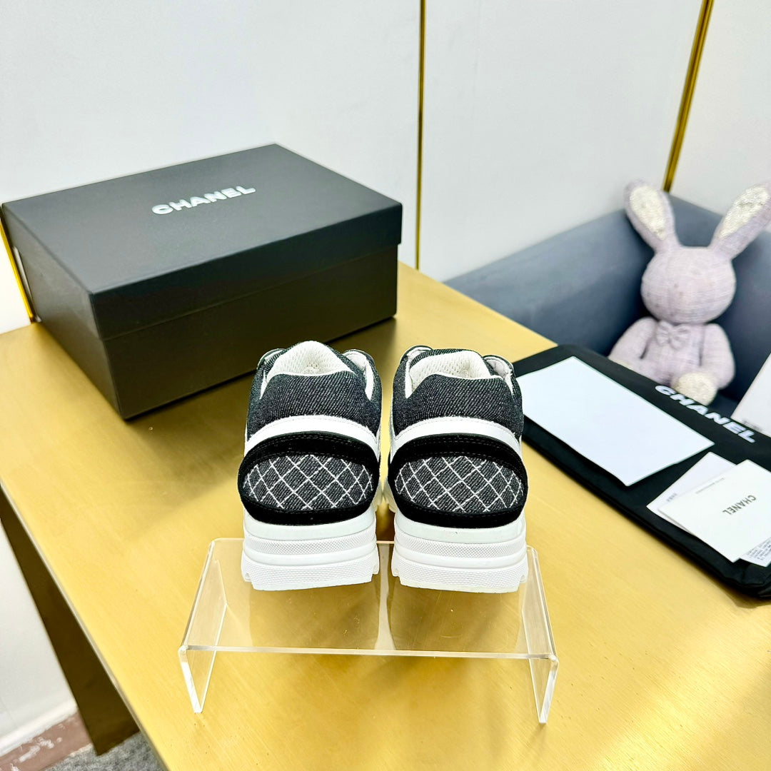 cc womens sneaker in white black wool tweed and black suede calfskin 137606
