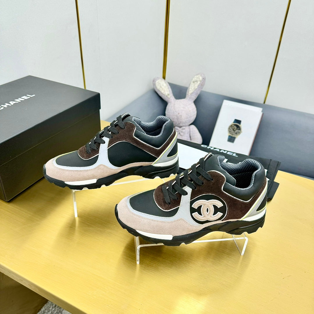cc womens sneaker in black white calfskin and beige brown suede 137614