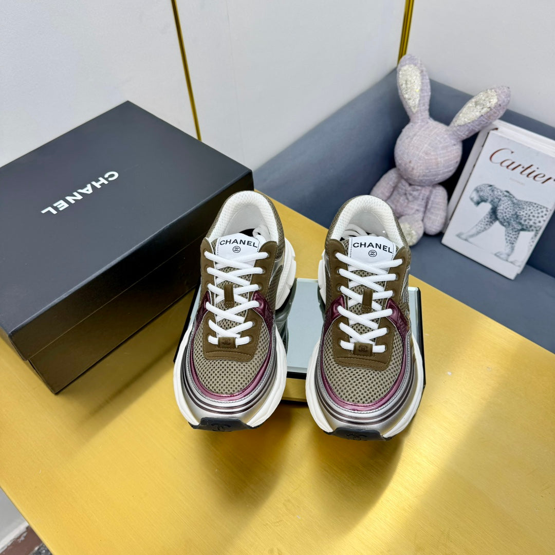 CC Logo Sneakers Sliver Taupe Calfskin Mesh Fabric 927335