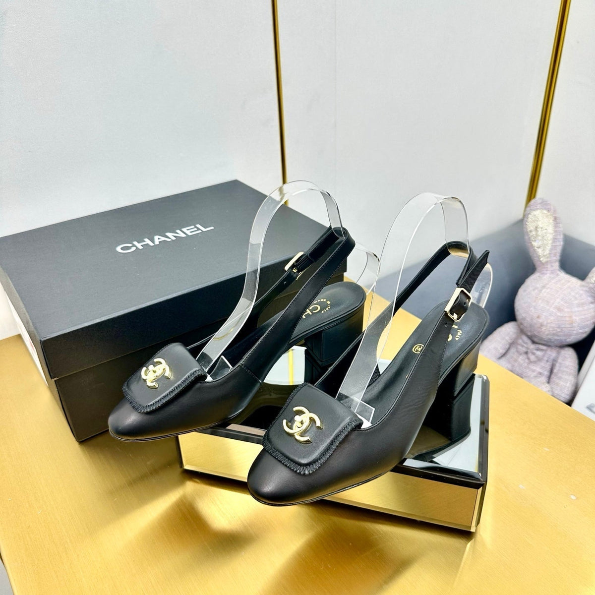 CC Slingback 25s In Black Calfskin With Gold Hardware