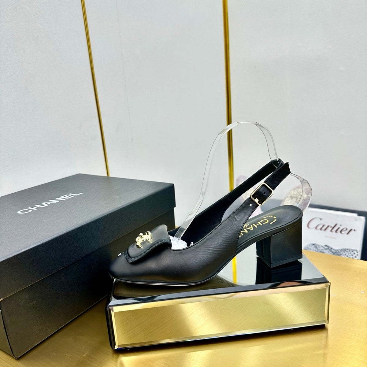 CC Slingback 25s In Black Calfskin With Gold Hardware