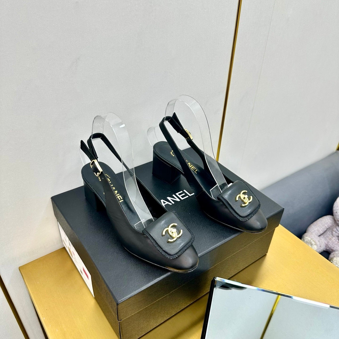 CC Slingback 25s In Black Calfskin With Gold Hardware