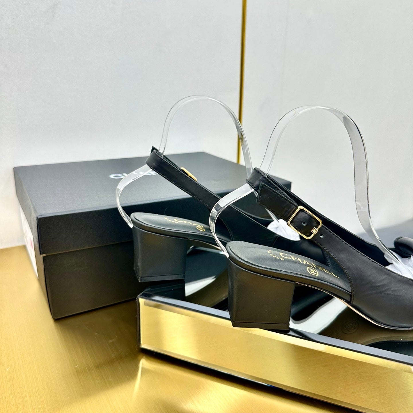 CC Slingback 25s In Black Calfskin With Gold Hardware