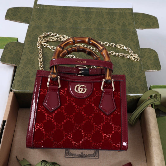 Gucci Diana Mini Tote Bag Red Patent Leather Crystals