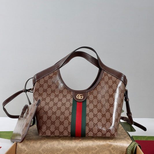 Gucci 26s Giglio Small Tote Bag Sand Brown Fabric