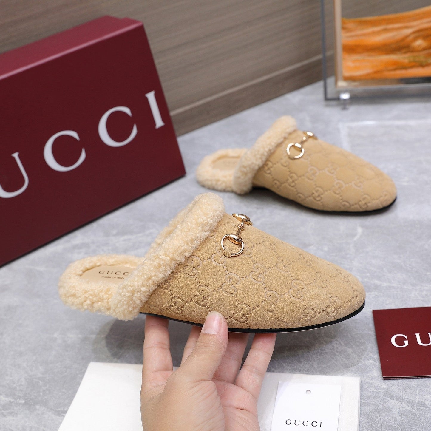 GG Horsebit Mules with Beige Insole Suede Shearing 547327