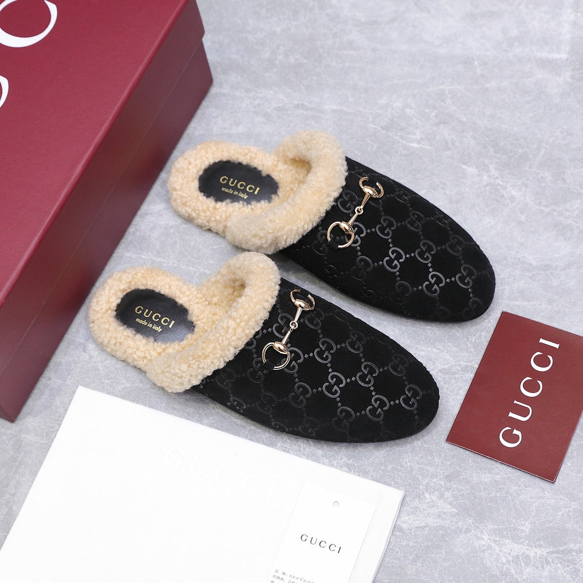 GG Horsebit Mules with Black Insole Suede Shearing 547331