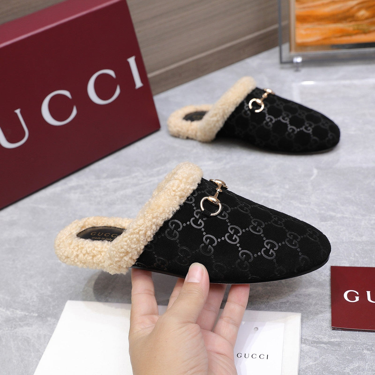 GG Horsebit Mules with Black Insole Suede Shearing 547331