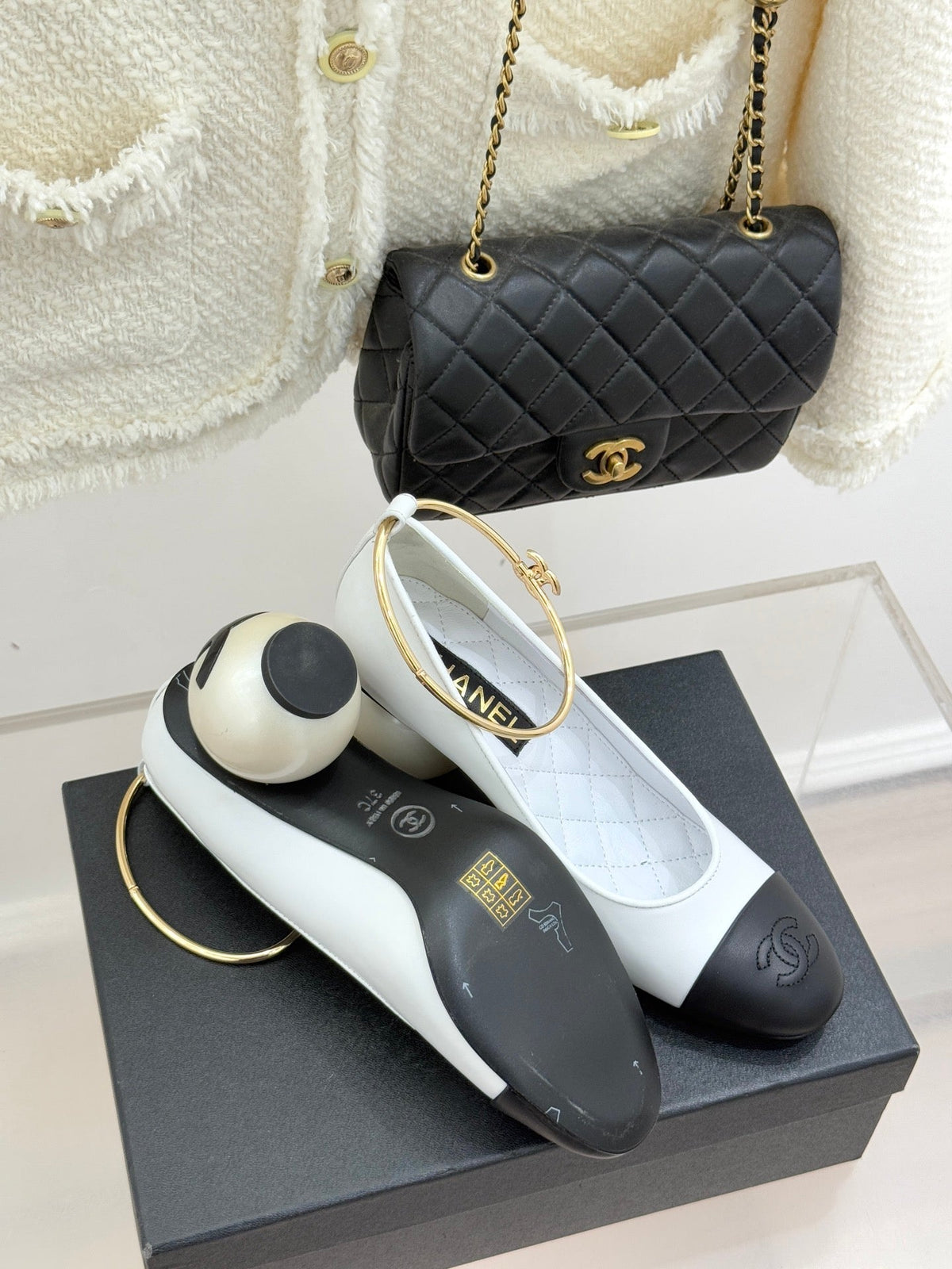 CC 26C Ribbon Camellia Mary Jane With Giant Pearl Black White Lambskin
