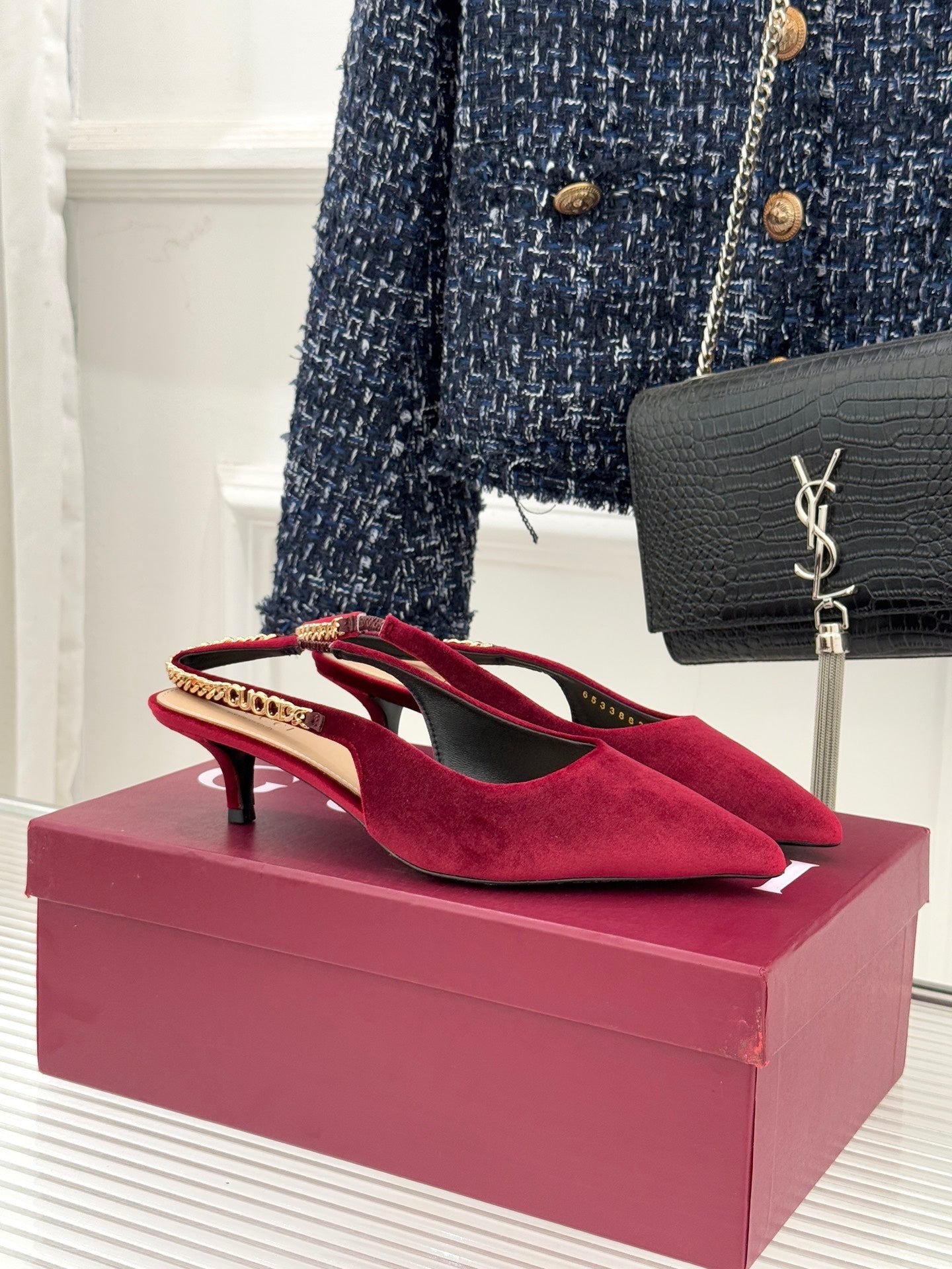 GG 26 Signoria Slingback Pumps 4.5cm Deep Wine Red Suede 632522