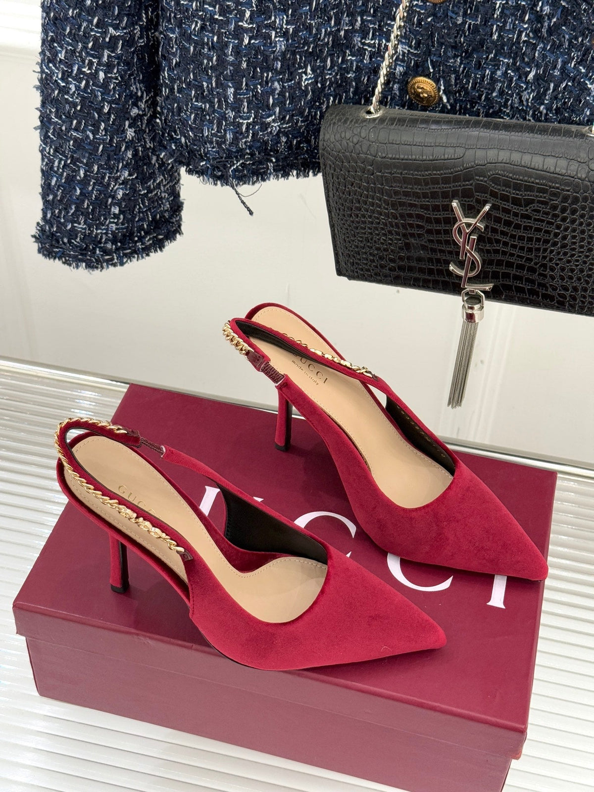 GG 26 Signoria Slingback Pumps 10.5cm Deep Wine Red Suede 632525