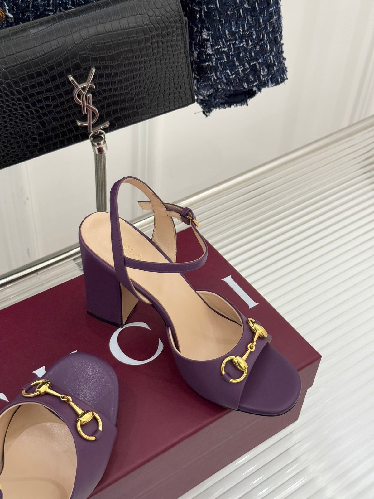 GG 26WF Chunky Heel Sandals 5cm Royal Purple Sheepskin 632558