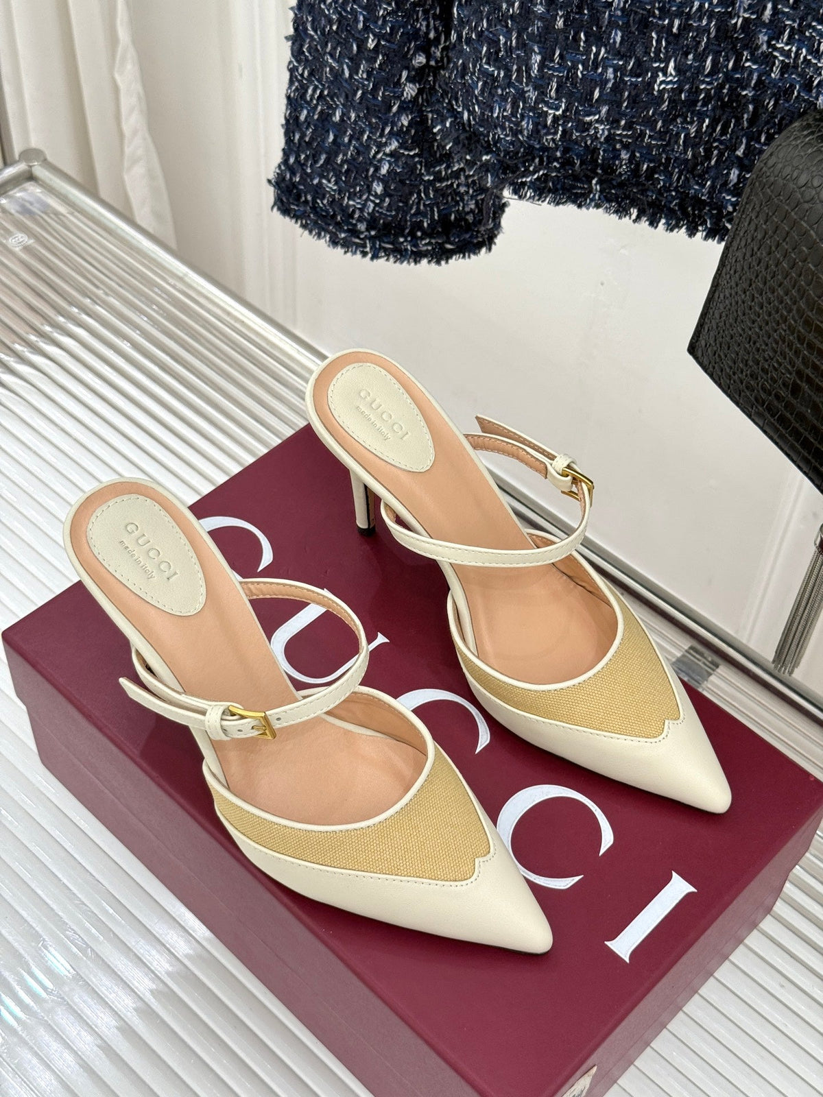 GG 26WF Mules 9.5cm Cream Beige Leather Canvas 886170