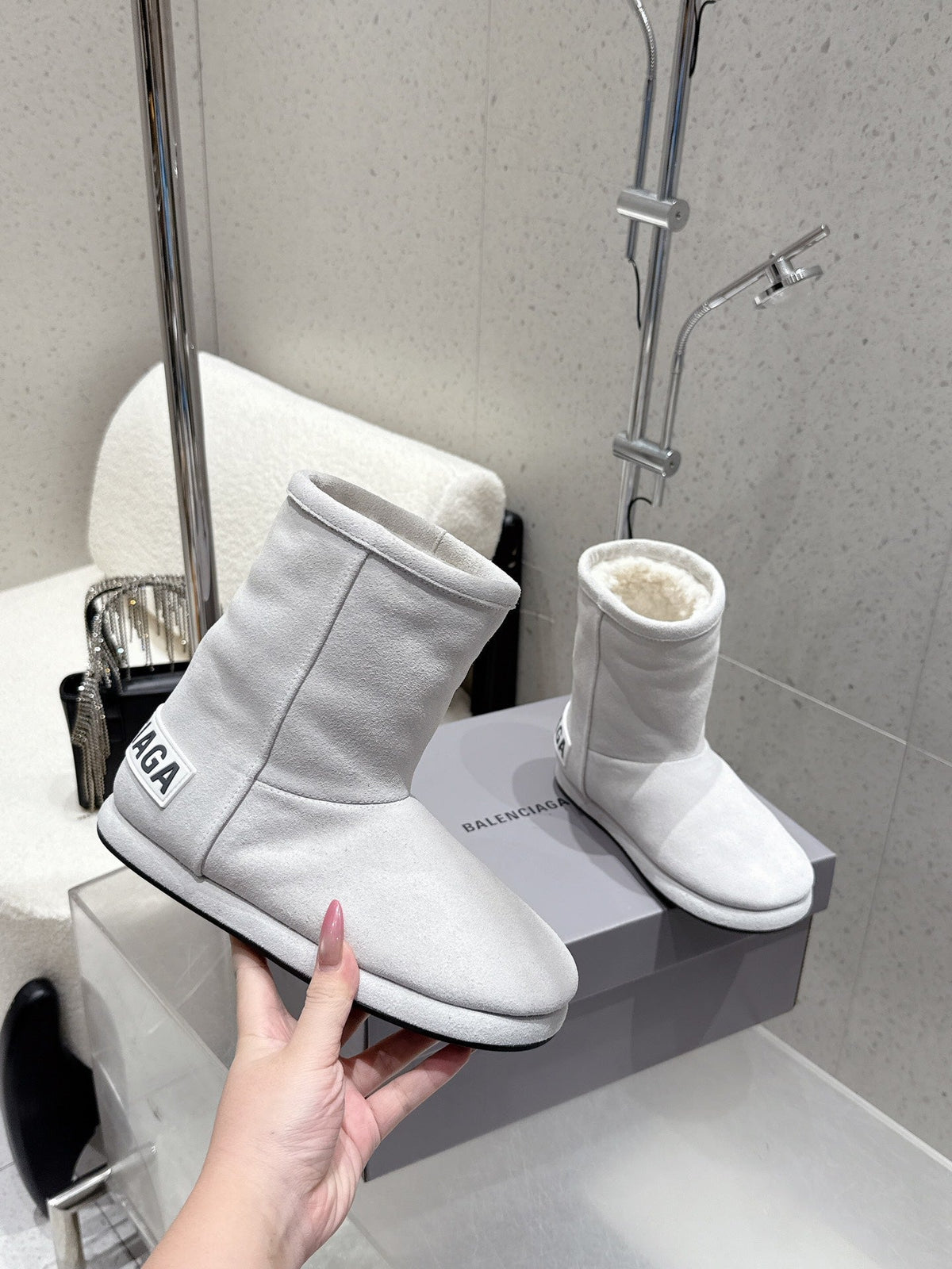 Balenciaga Alaska Soft Booties Pale Gray Suede Shearing 554396