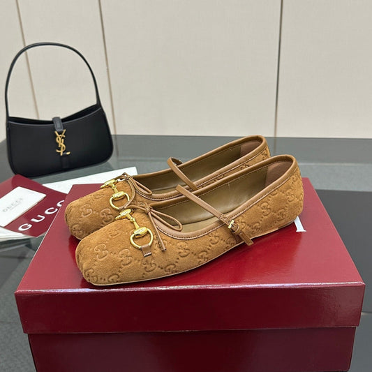GC 25 Horsebit Ballet Flat Brown Monogram Suede