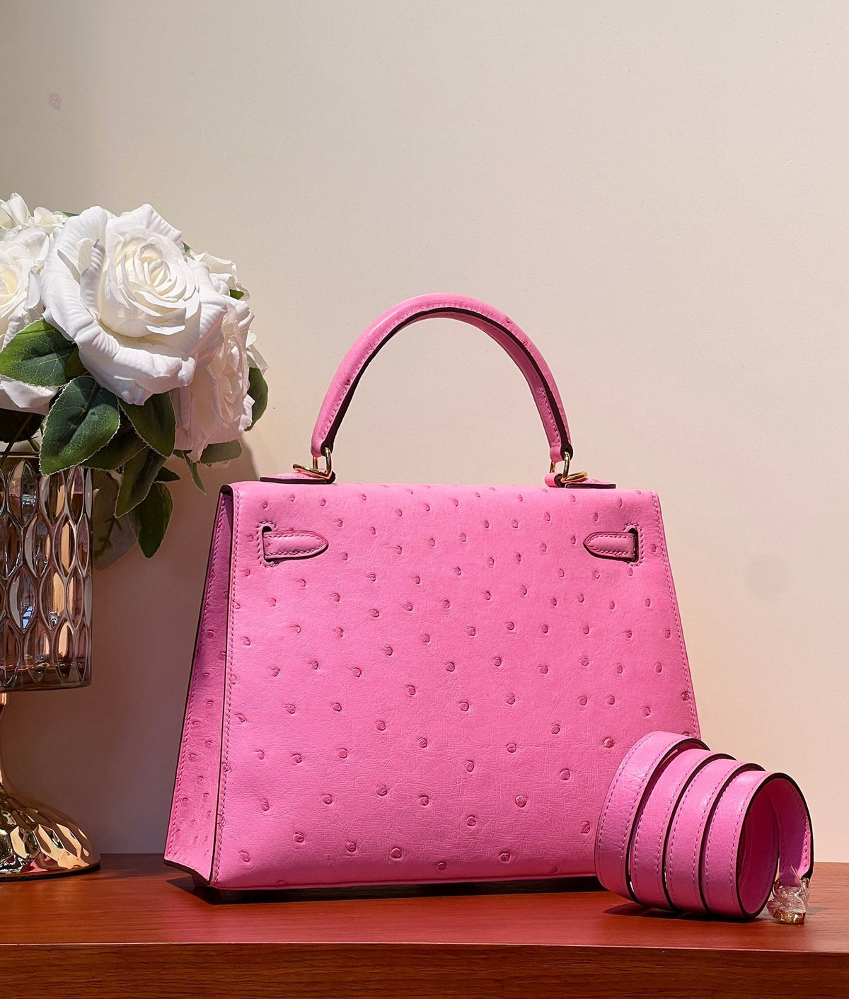 KELLY SELLIER 25 BAG IN DOLL PINK OSTRICH LEATHER WITH GOLD HARDWARE (MADE - TO - ODER)