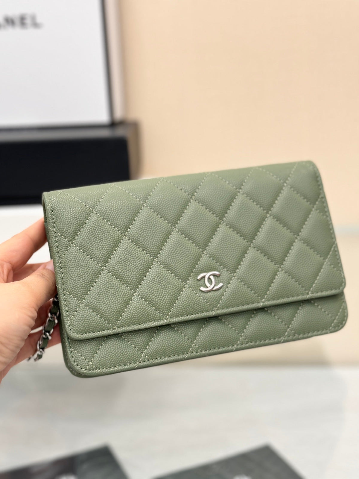 WOC 19CM KHAKI BLUE CAVIAR SILVER HARDWARE