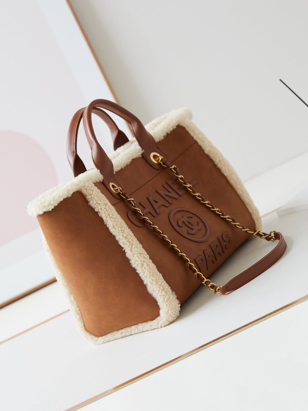CC Shopping Bag 32cm Brown Beige Sherling Lambskin