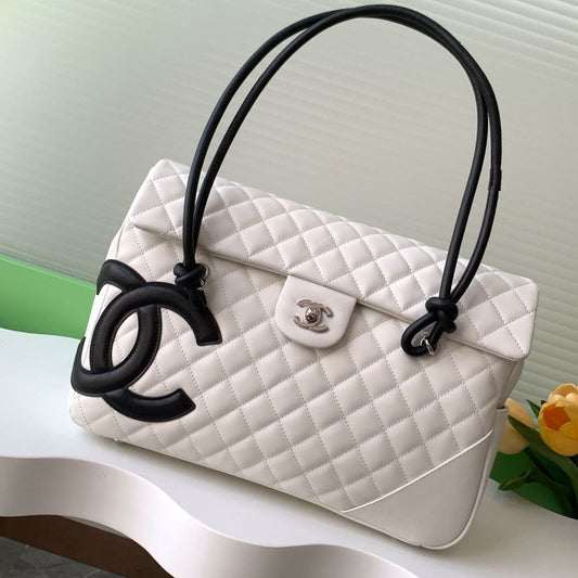 CC 2025 Cambon Bag 33cm White Black Lambskin 308109