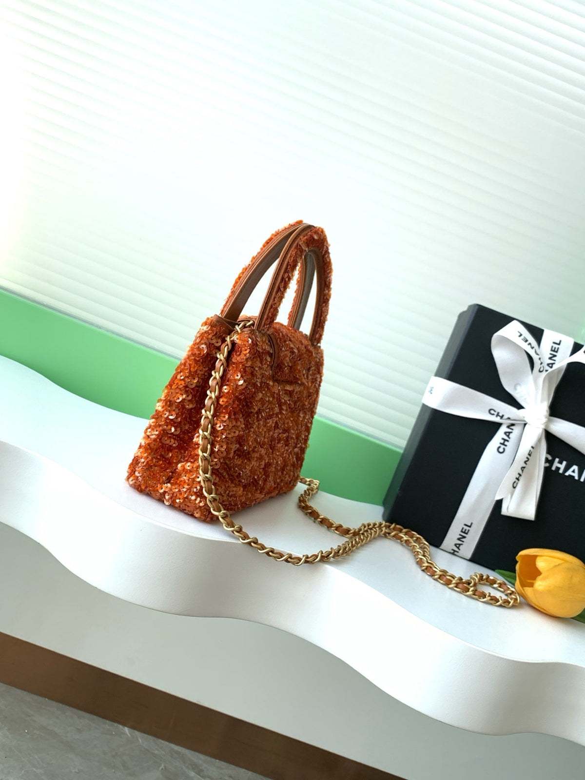 Chanel 2025 Kelly Bag 19cm Vibrant Orange Sequin Leather 319628