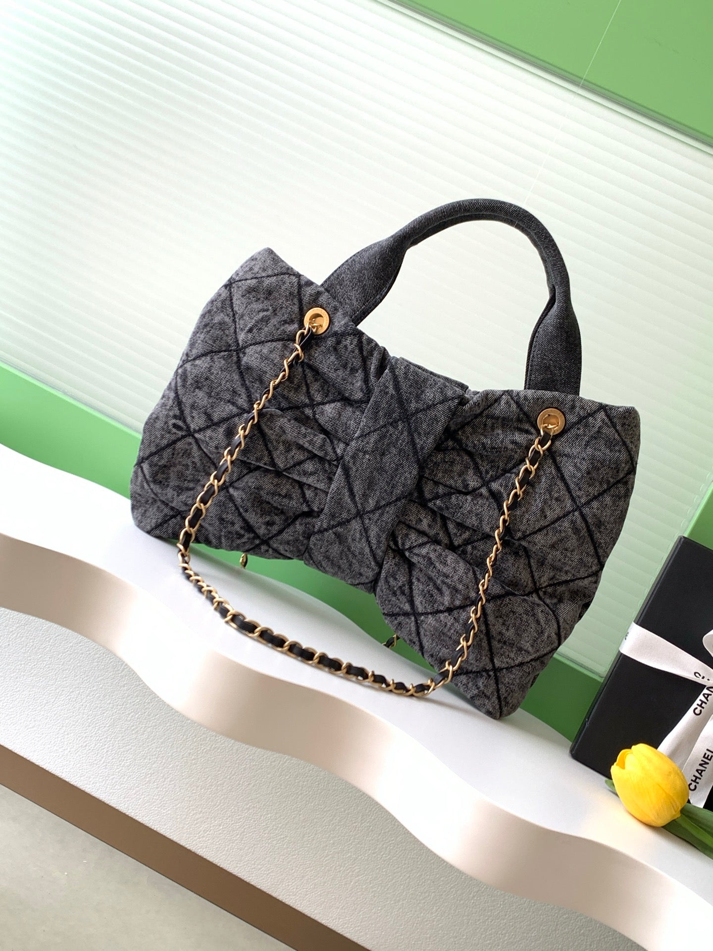 CC 25K Bow Bag 38cm Black mix White Denim