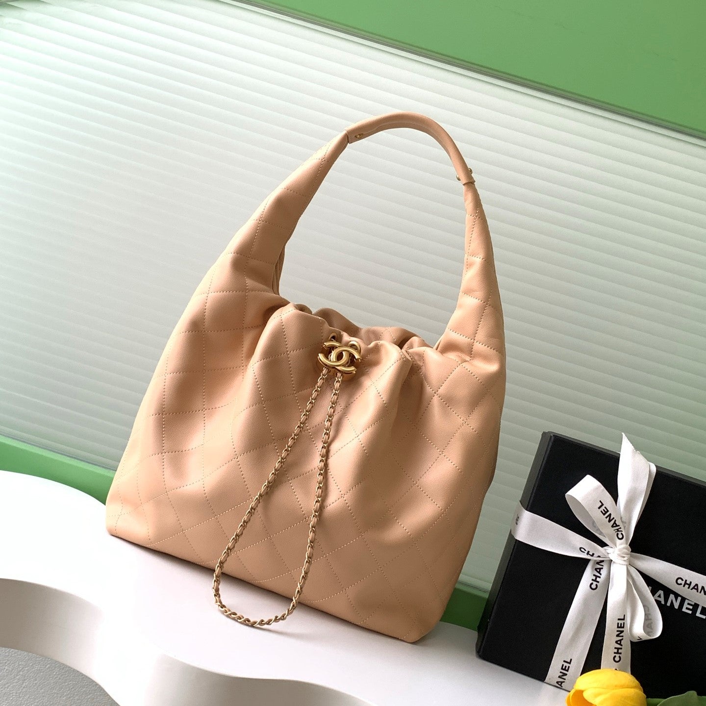 CC 2025 Hobo Bag 45cm Beige Calfskin