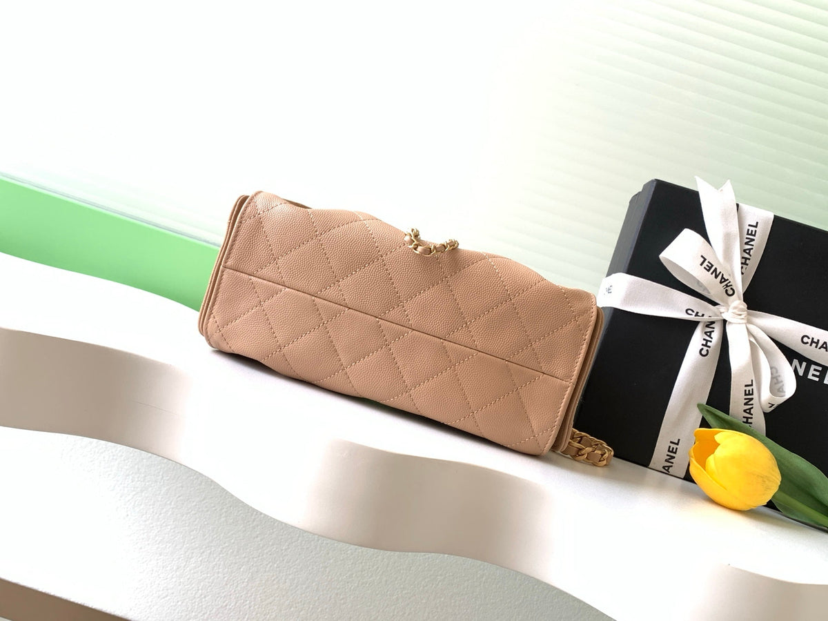 Chanel 25S Hobo Bag 22 in Beige Brown Caviar Leather with Gold Hardware