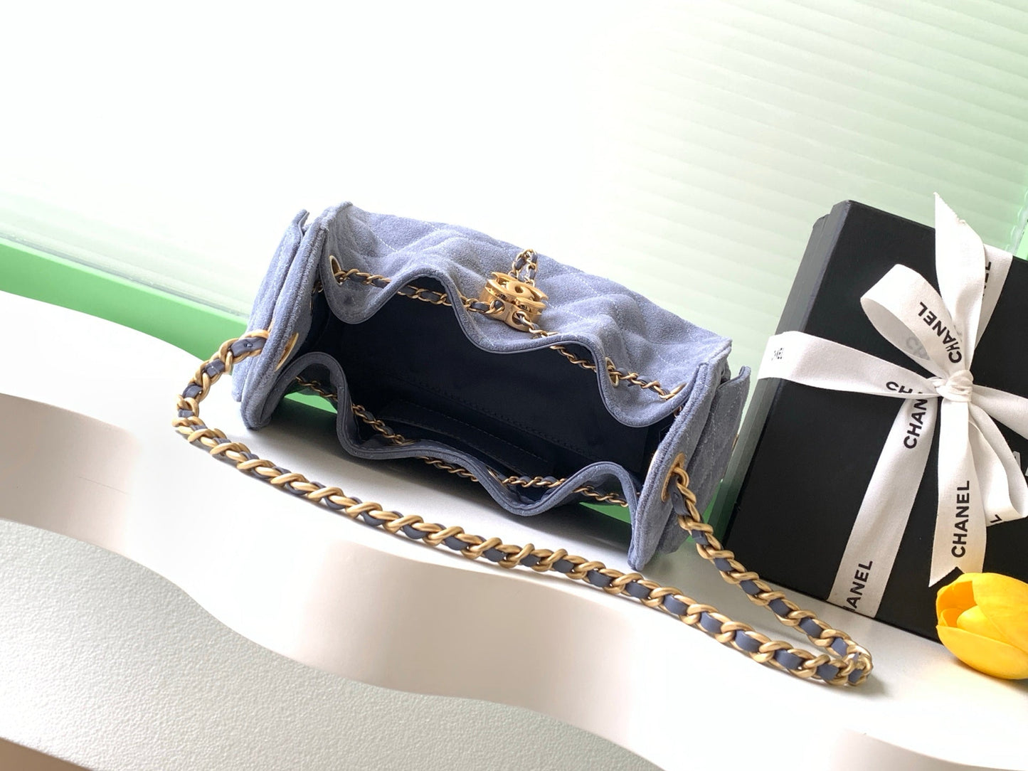 Chanel 25S Hobo Bag 22 in Blue Gray Suede with Gold Hardware