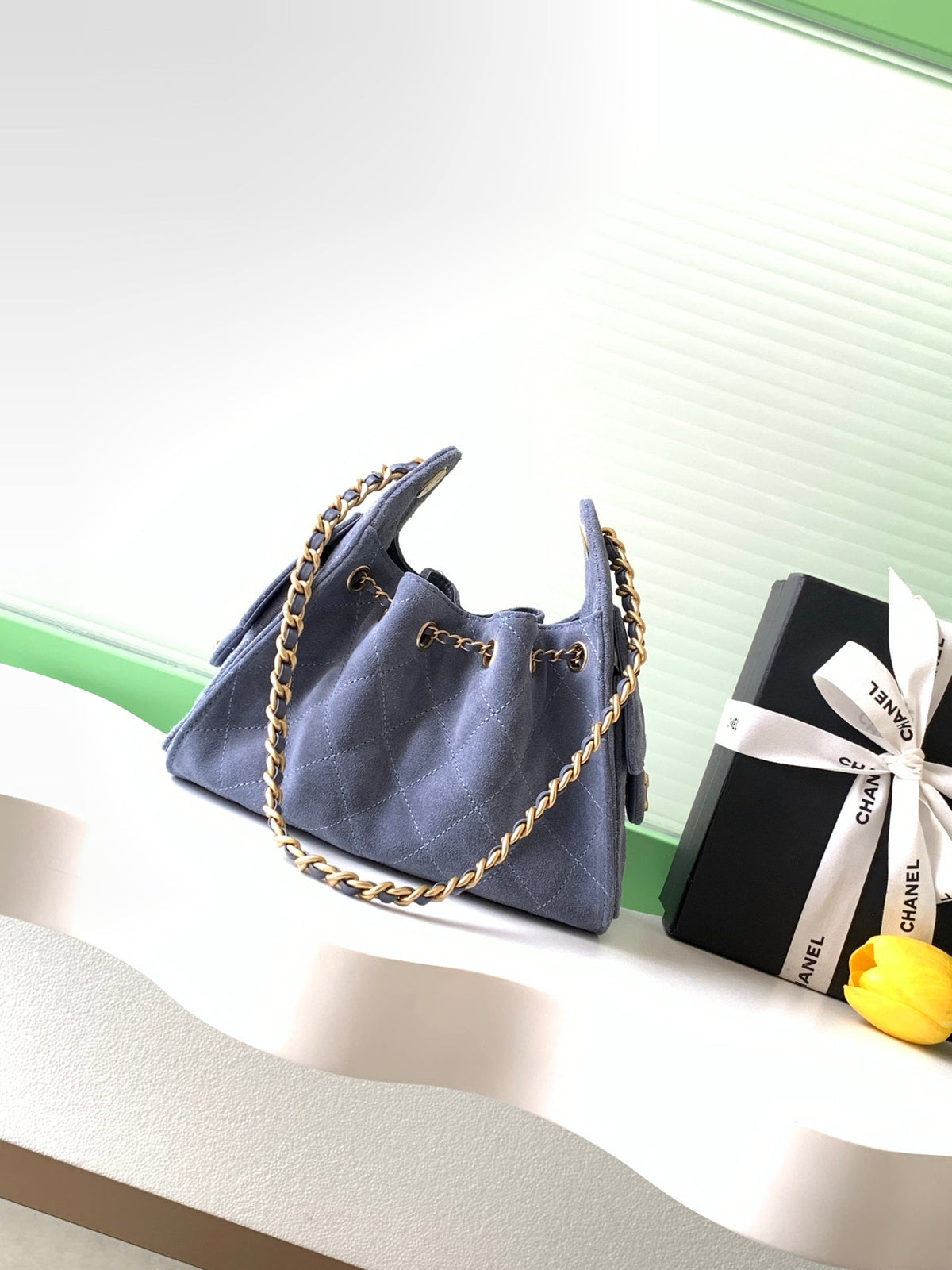 Chanel 25S Hobo Bag 22 in Blue Gray Suede with Gold Hardware