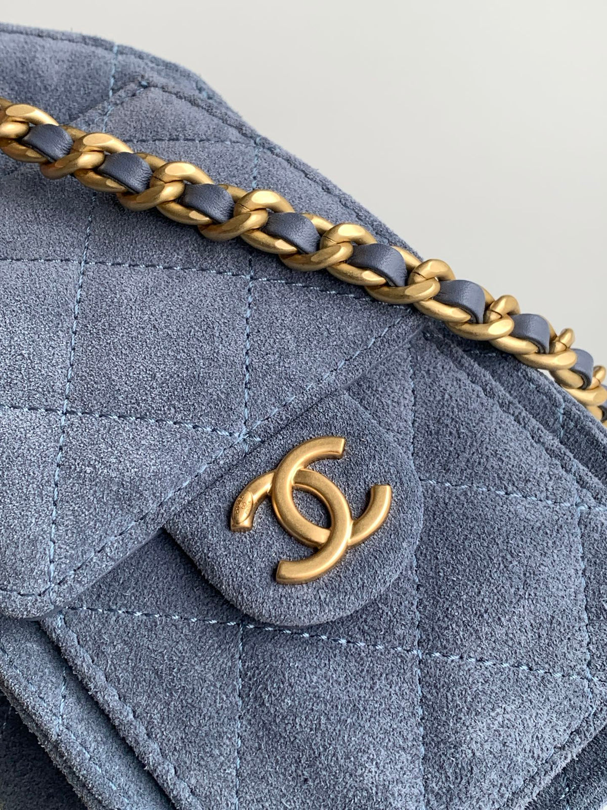 Chanel 25S Hobo Bag 22 in Blue Gray Suede with Gold Hardware