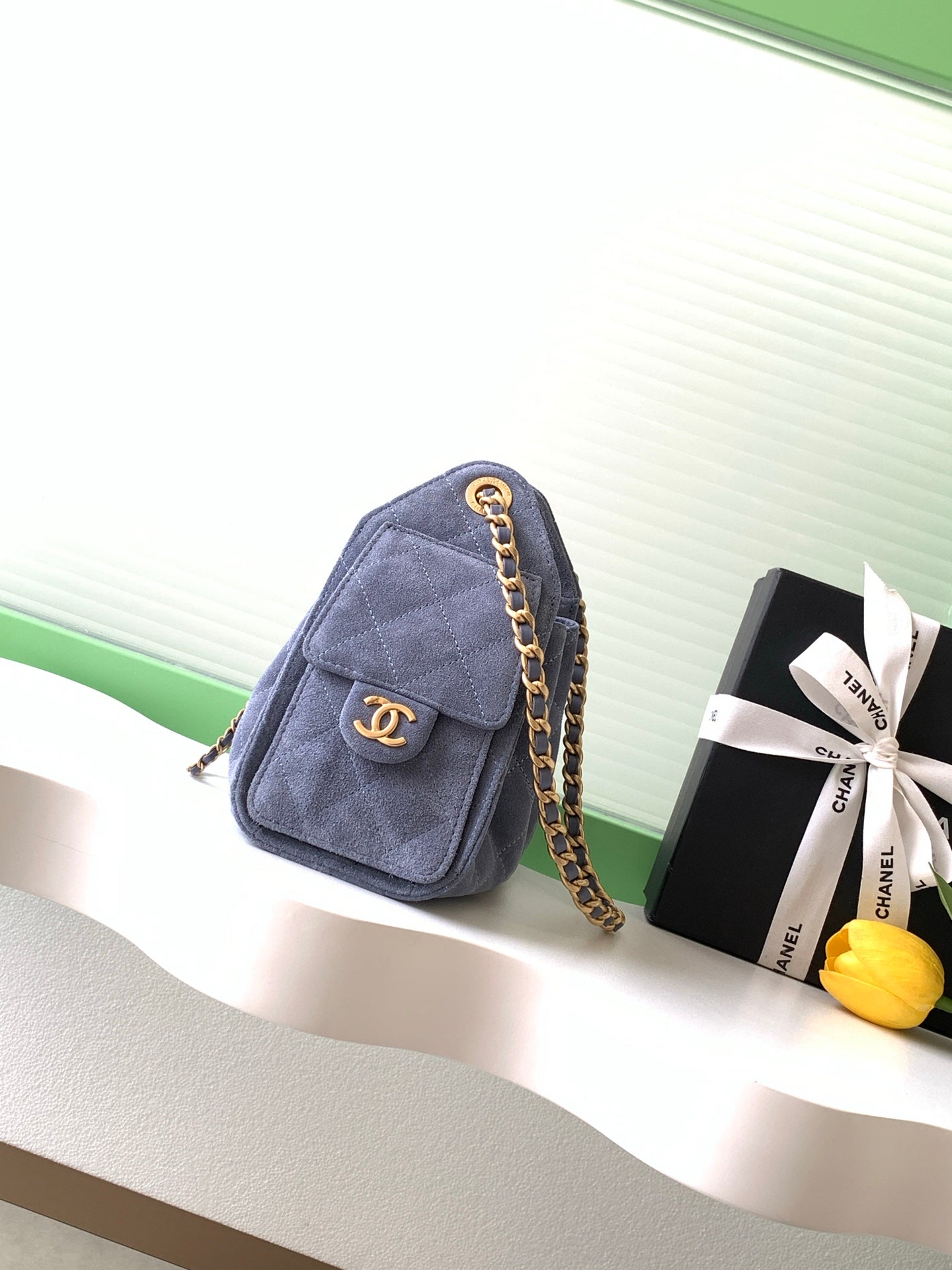 Chanel 25S Hobo Bag 22 in Blue Gray Suede with Gold Hardware